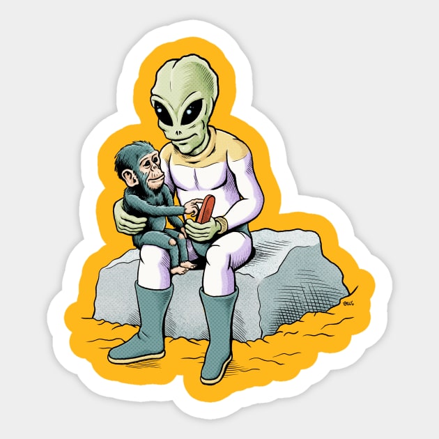 Alien teaches Chimp friend Sticker by awcomix